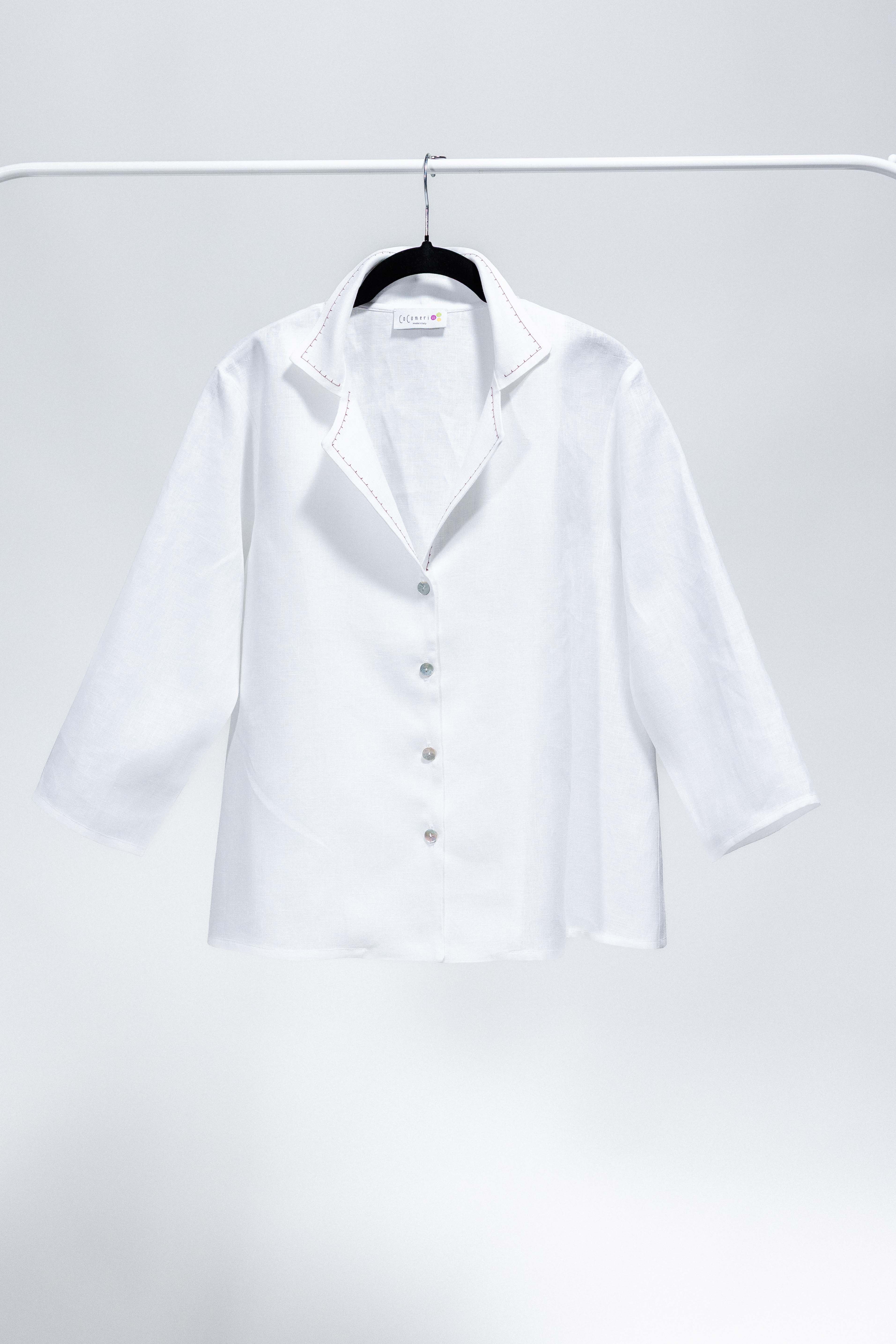 CAMICIA DECO lino bianco con ricamo bordeaux