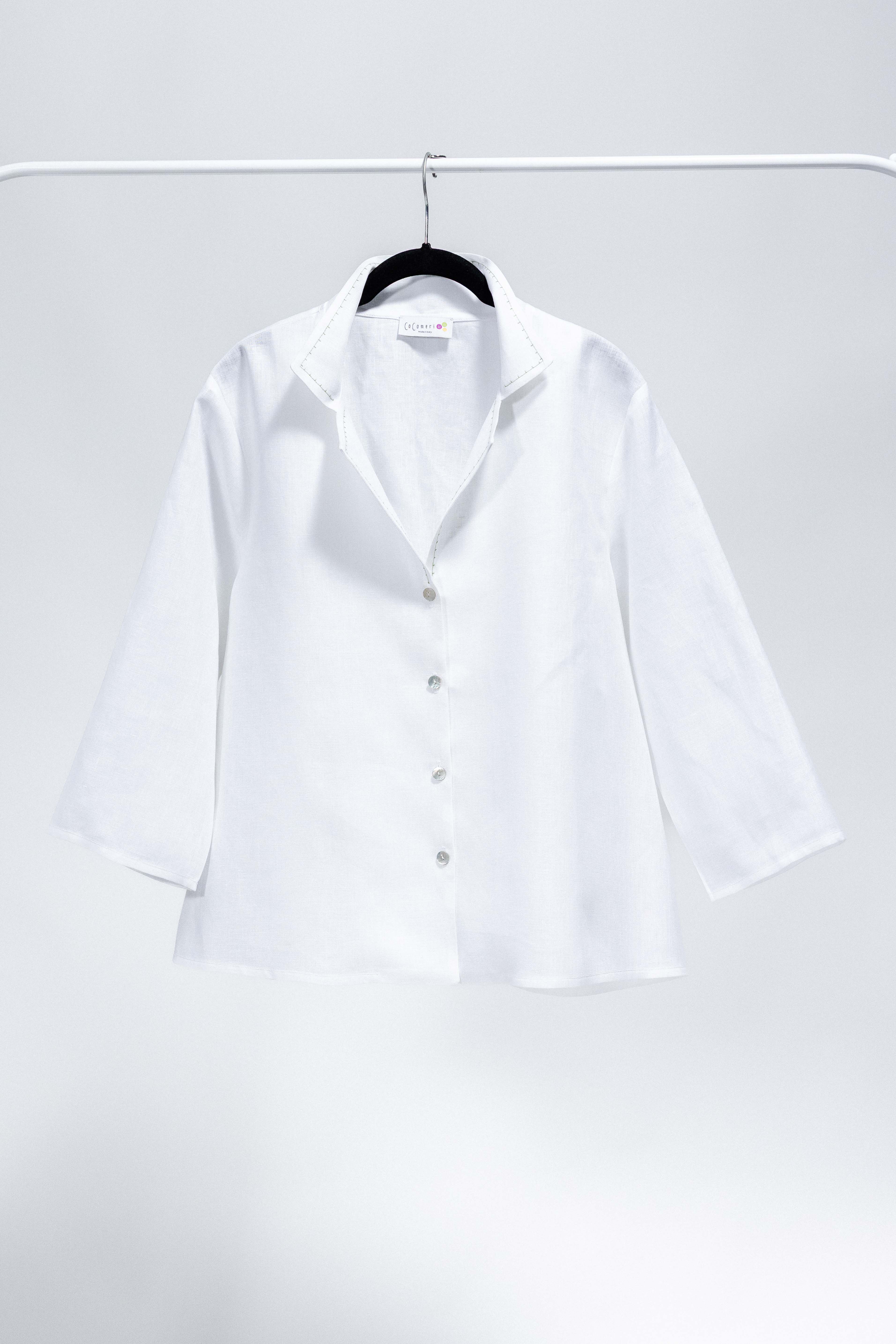 CAMICIA DECO lino bianco con ricamo verde chiaro
