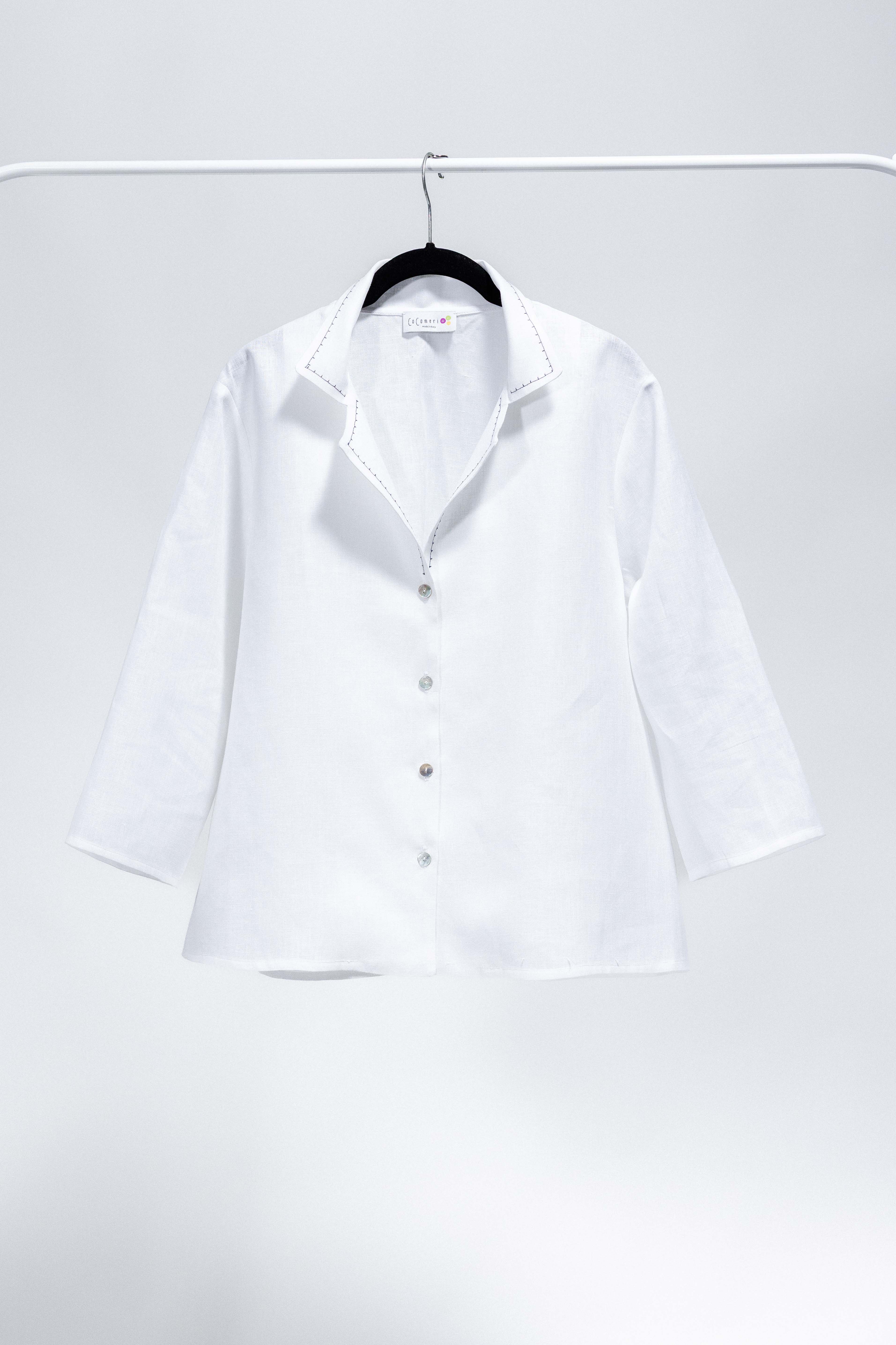 CAMICIA DECO lino bianco con ricamo blu