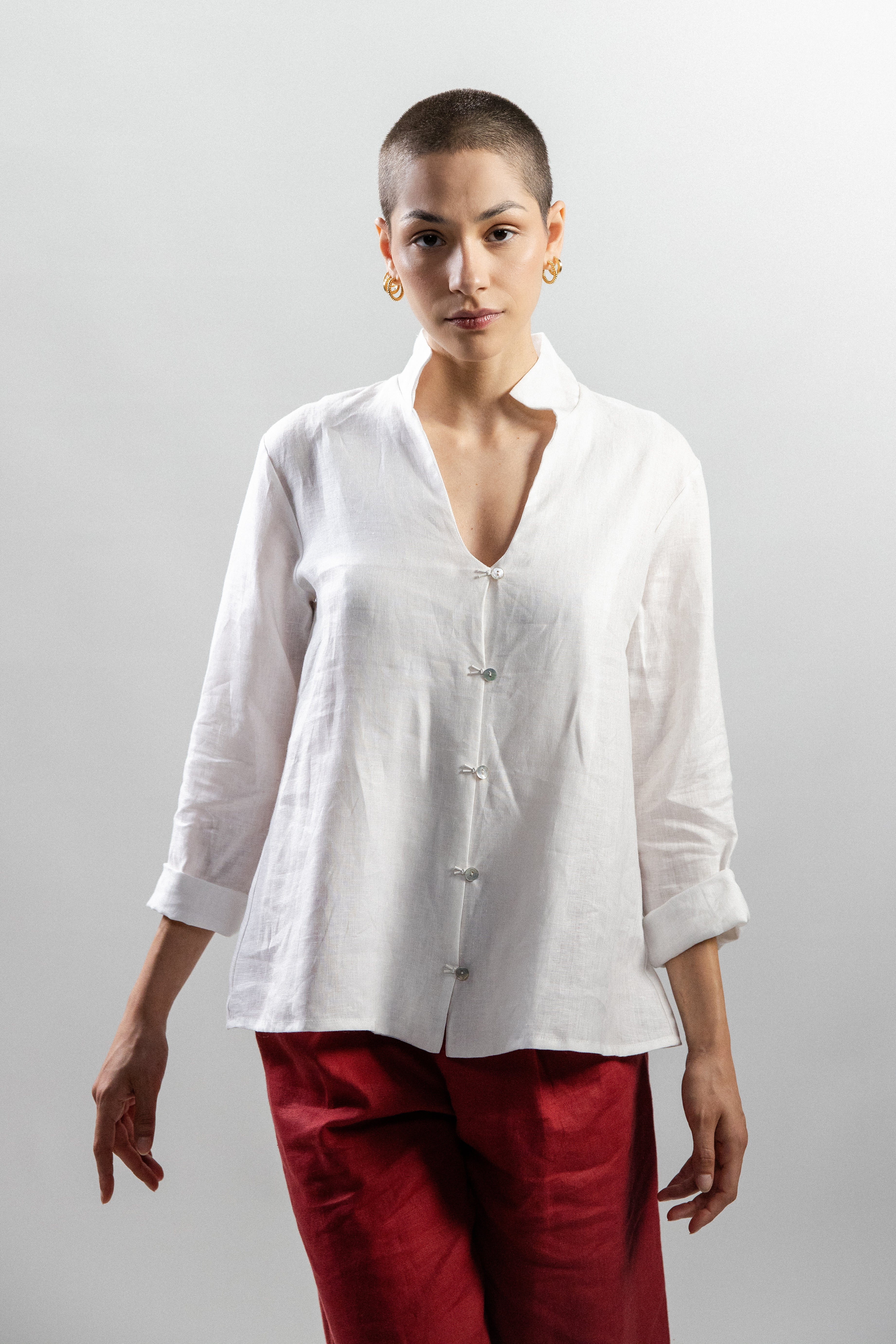 CAMICIA COREA lino riga bianca e azzurra