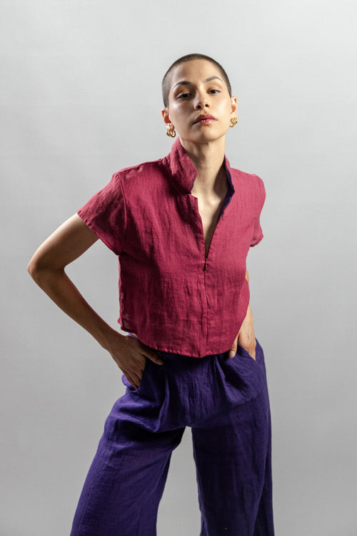 CAMICIA ANTIBES MINI cotone bordeaux e lino corda